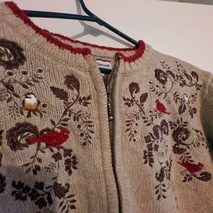 Ornate bird embroidered cozy sweater - 1X Croft & Barrow oatmeal,maroon,olive